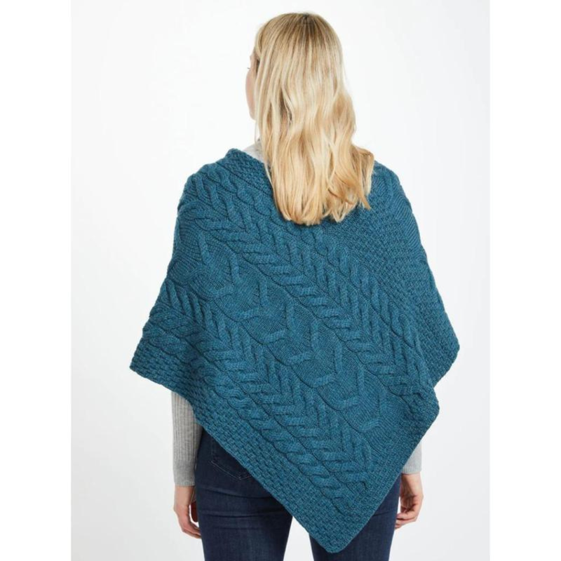 Ladies Aran Cable Knit Triangular Poncho Irish Sea